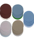 Six Inch Wet Dry Sanding Discs With Hook And Loop Backing Include 5 Different Grits Like 1000 And 2000 Plus 3000,4000,And 5000 stacked in various colors.