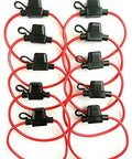 Set of 10 12 Gauge Mini Blade Inline Fuse Holders with red wires, for car, boat, and RV use, supports fuses from 1A to 35A.
