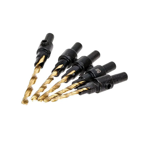 Top Tier Five Piece Countersink Drill Bit Set Rock Solid For Smooth Woodworking And Hard Steel Cutting That Plays Nice With All Standard Cordless Power Drivers.