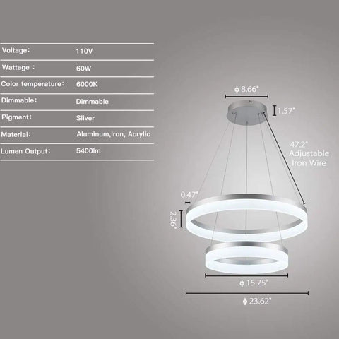 Two Ring LED Pendant Light With Adjustable Wires Dimmable Chandelier dimensions and specifications 6000K Cool White 60W Silver