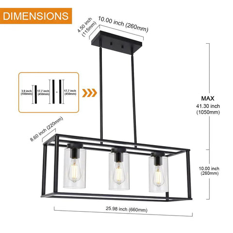 Black Dope 3 Light Modern Dining Pendant Lights For Kitchen Island with cage and glass shade showing dimensions