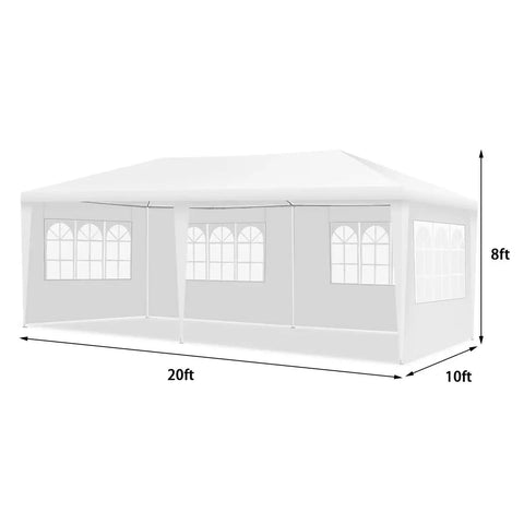 10x20 Outdoor Party Tent Canopy With Removable Walls, portable gazebo shelter for events, white, side view with size dimensions