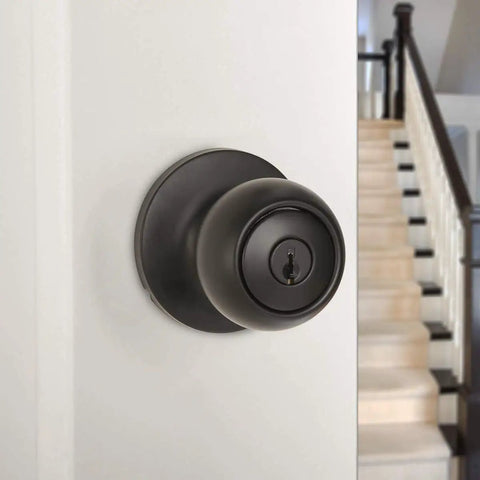 Coastal Matte Black Exterior Door Knob With Lock Easy Install And Adjustable Latch From 2-3/8 To 2-3/4 Inches Brass Body