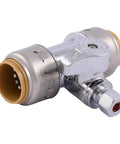 Heavy Duty Brass Push To Connect Tee Stop Valve Featuring Rotating Quarter Inch Compression Outlet, ideal for ice makers.