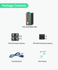 Package contents of Power Packed 8 Port BT PoE Gigabit Switch with 460W PoE Budget including mounting accessories and user manual.