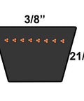 Diagram of Dura Extreme A 3VX600 Banded Cogged V Belt showing 3/8 inch width and 21/64 inch height, heavy-duty industrial belt structure.