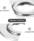 Close-up of a stainless steel fire sprinkler escutcheon plate showing easy installation, 2.63 inch diameter, for sprinkler upgrades.