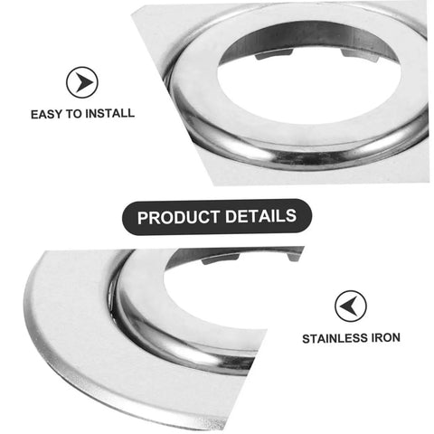 Close-up of a stainless steel fire sprinkler escutcheon plate showing easy installation, 2.63 inch diameter, for sprinkler upgrades.