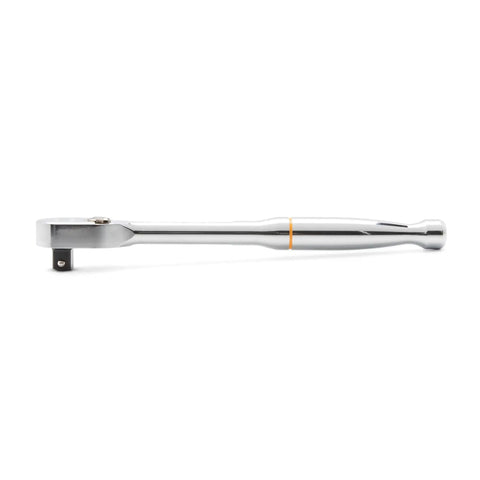One Half Inch Drive Teardrop Ratchet With Full Polish Chrome Finish, 120XP Heavy Duty Workhorse For Industrial And Mechanical Use, Meets Or Exceeds ASME Specs, Durable Chrome Plated Ratchet Model 81304XP in a side view.
