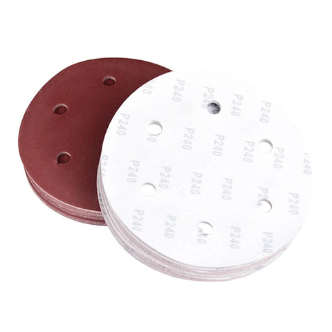 Rock Solid 50 Pack Of 9 Inch Aluminum Sanding Discs With 6 Holes And Hook Loop Backing, red and white discs stacked.