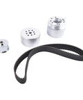 Upgrade Your Chevy BBC With This Sick Belt Drive Pulley Set For 396 427 Or 454 Big Block Engines Featuring Durable Billet Aluminum Design And A Non Slip Gilmer Belt To Keep Your Ride Running Smooth Like A Dream. billet Chevy BBC pulley set with black Gilmer belt