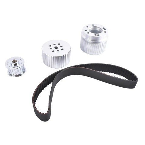 Upgrade Your Chevy BBC With This Sick Belt Drive Pulley Set For 396 427 Or 454 Big Block Engines Featuring Durable Billet Aluminum Design And A Non Slip Gilmer Belt To Keep Your Ride Running Smooth Like A Dream. billet Chevy BBC pulley set with black Gilmer belt