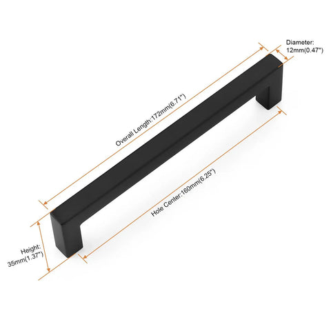 Solid Flat Black Square Cabinet Pulls, Built Tough Stainless Steel Drawer Handles, 6.25 Inch Hole Centers dimensions shown.