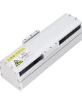 Precision Built Heavy Duty Electric Linear Stage Actuator Delivering Smooth 100mm Stroke Aviation Aluminum Body with warning label.