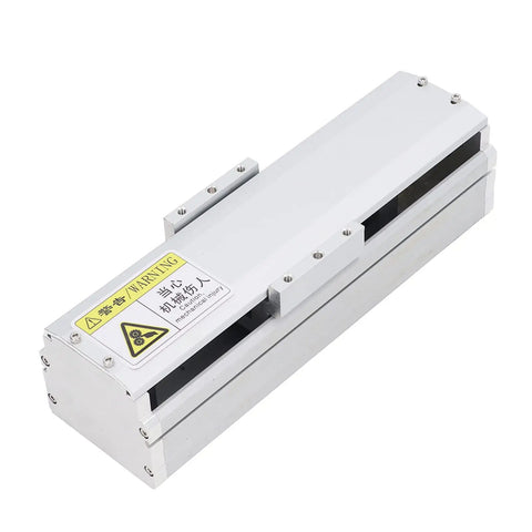 Precision Built Heavy Duty Electric Linear Stage Actuator Delivering Smooth 100mm Stroke Aviation Aluminum Body with warning label.