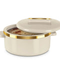 Stainless Steel Casserole Set Featuring Zero Sweat Double Wall Heat Lock To Keep Your Roti Gravy And Batch Cooked Meals Fresh Hot All Day Long Pro Grade Kitchen Storage Containers Set Of Three Ivory with a golden rim.