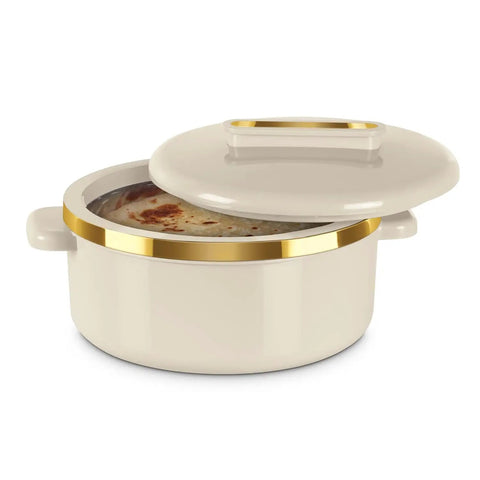 Stainless Steel Casserole Set Featuring Zero Sweat Double Wall Heat Lock To Keep Your Roti Gravy And Batch Cooked Meals Fresh Hot All Day Long Pro Grade Kitchen Storage Containers Set Of Three Ivory with a golden rim.
