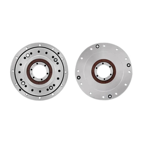 Top Shelf Hollow Harmonic Drive Gearbox Kicked Up For Stepper Servo Motors with dual metal faceplates and mounting holes.