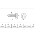Technical diagram showing dimensions of 12 Pack M6 22mm Black Flat Head Allen Bolts For Furniture And Home Office Tables Desks Cabinets Wardrobes Made From 304 Stainless Steel Rust Resistant Heavy Duty Socket Cap Screws Built Tough.