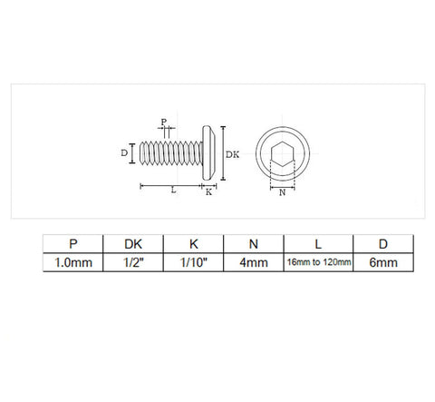 Technical diagram showing dimensions of 12 Pack M6 22mm Black Flat Head Allen Bolts For Furniture And Home Office Tables Desks Cabinets Wardrobes Made From 304 Stainless Steel Rust Resistant Heavy Duty Socket Cap Screws Built Tough.