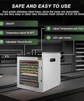 Heavy Duty Commercial Food Dehydrator With Twelve Stainless Steel Trays For Jerky And Snacks Featuring A Total No Sweat Digital Timer showing control panel and removable stainless steel trays.
