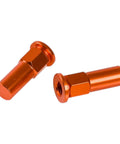 Two orange anodized aluminum rim lock bolts with flanged heads for KTM motorcycles.