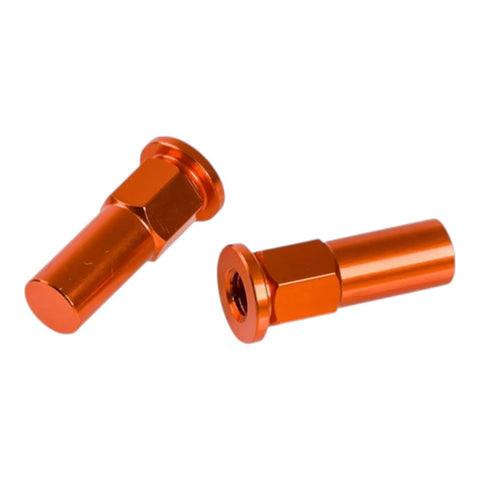 Two orange anodized aluminum rim lock bolts with flanged heads for KTM motorcycles.