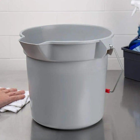 Heavy Duty 14 Quart Gray Round Pail For Pro Cleaning With Printed Measurement Lines And Solid Grip Bail on a stainless steel surface.