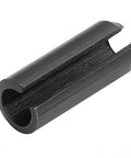 Close-up of a single piece from an Assorted Slotted Spring Dowel Pins Kit, 450 Piece Set, Durable Spring Steel With Black Oxide Finish.