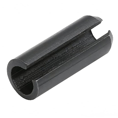 Close-up of a single piece from an Assorted Slotted Spring Dowel Pins Kit, 450 Piece Set, Durable Spring Steel With Black Oxide Finish.