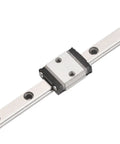 Top Shelf Linear Motion Guide Rail Kit Featuring Black Roller Carriage Block, showing metal rail and block for DIY CNC projects.