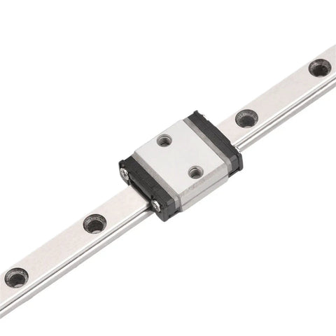 Top Shelf Linear Motion Guide Rail Kit Featuring Black Roller Carriage Block, showing metal rail and block for DIY CNC projects.