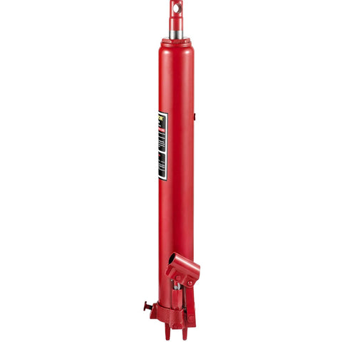 Red Amazon hydraulic long ram jack with clevis base, 8-ton capacity, side view.