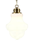 9 Inch Wide Pendant Light With Glass Shade In Brass And White Milk Glass, Compact Ceiling Fixture, diffused warm glow, modern home lighting