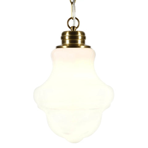 9 Inch Wide Pendant Light With Glass Shade In Brass And White Milk Glass, Compact Ceiling Fixture, diffused warm glow, modern home lighting