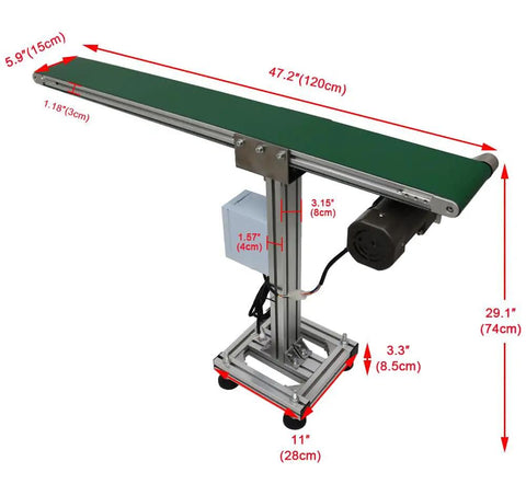 Workhorse PVC Flat Conveyor Belt System With Adjustable Speed and Single Row Leg Stand, 47" x 5.9" green belt, 110V