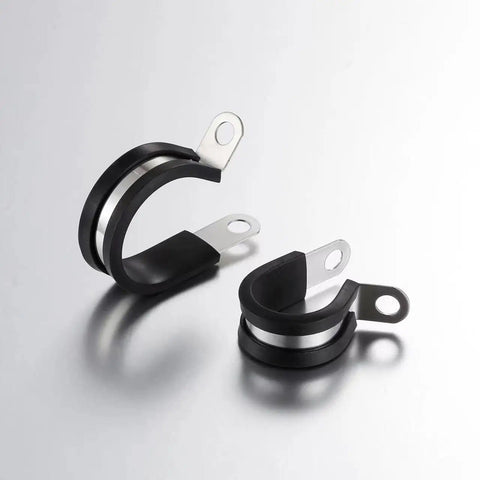 Close-up of 52 Pcs Cable Clamps Assortment Kit in Six Sizes from One Quarter Inch to Three Quarter Inch Stainless Steel with Rubber Coated Cushions