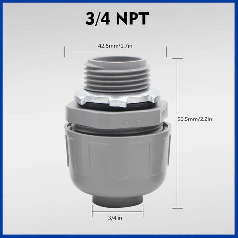 PVC Electrical Conduit Fittings 3/4 Inch Liquid Tight Connector With Ring And Steel Locknut UL Listed FNMC-B Straight Flexible Conduit Connector For Indoor And Outdoor Use 50 Pack, 3/4 NPT