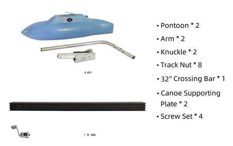 32 Inch Canoe Outriggers Floats Kit With Adjustable Stabilizers components including pontoons, arms, knuckles, and hardware.