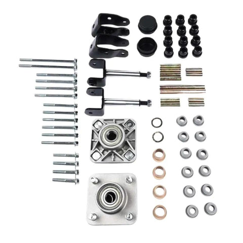 Upgrade Your Ride With This Durable Cart Front End Repair Kit Designed For 2004 On Club Car Precedent Gas Models To Restore Handling And Fix Wobbling Issues Smoothly. Front-end repair kit parts set with bearings, bolts, bushings, and brackets on white background