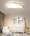 Cloud Shaped LED Ceiling Light With Remote Dimming For Kids Room Modern Acrylic Flush Mount Panel in a nursery with crib.