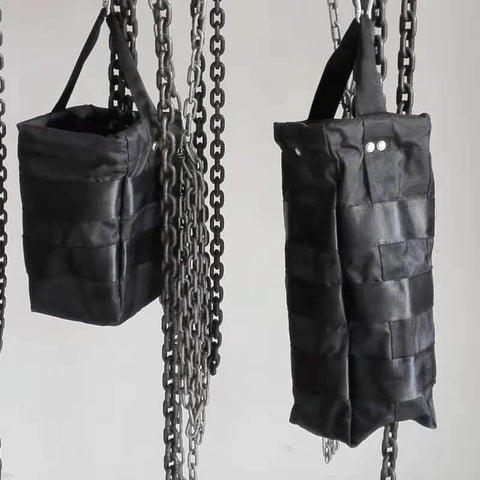 Durable Nylon Chain Container Bag For 1 Ton Manual Hoist hanging, highlighting large capacity and secure chain protection features.