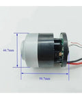 Heavy Duty Brushless DC Motor Electric Fan 5 Amp 11 To 21 Volt showing dimensions, 58.7mm width and 44.7mm height.