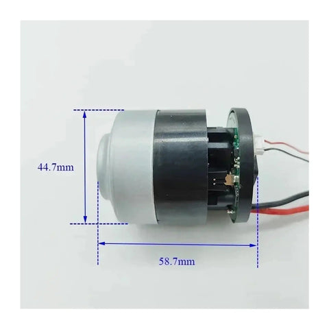 Heavy Duty Brushless DC Motor Electric Fan 5 Amp 11 To 21 Volt showing dimensions, 58.7mm width and 44.7mm height.
