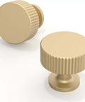 5 Pack Brushed Gold Kitchen Cabinet Knobs And Drawer Pulls Zinc Hardware for Dresser Drawers, ribbed design, two knobs displayed.