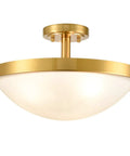 Gold Semi Flush Mount Ceiling Light 16 Inch Mid Century Modern Three Light Milk Glass Fixture With Brass Canopy