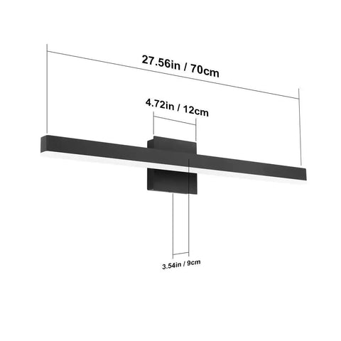 27.6 Inch Modern Black Vanity Light LED for Bathroom Wall Mount Fixture with dimensions shown