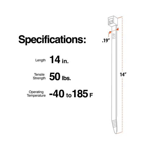 Beefy Heavy Duty UV Resistant Black Cable Ties 14 Inch 100 Pack Industrial Grade Six By Six Nylon, 50 Lb Tensile Strength Specs