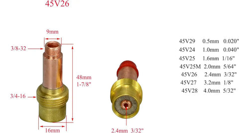 Gas Lens TIG Kit With Big Diameter Collet Bodies 45V26 And 10N24 for PTA DB SR WP Torch showing specifications and dimensions