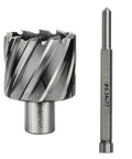 Front view of 2-piece tool set: annular cutter (1-3/4 in dia) with Weldon shank and long HSS slugger drill bit.